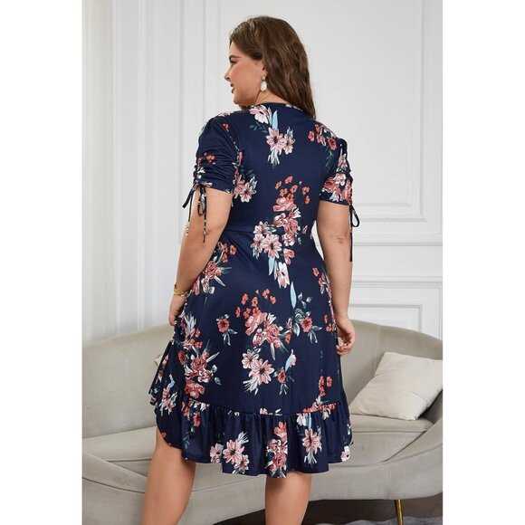 Plus Size Midi Dress Boho Floral V Neck Pockets Wedding Guest Casual - Picture 4 of 7